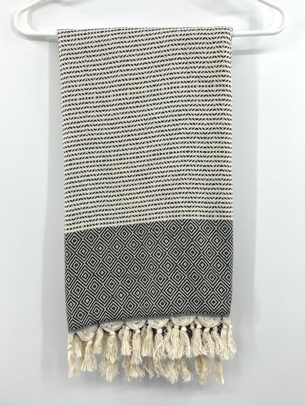 Teema Towels and Blankets Black Ivory Fringe Cotton Blanket